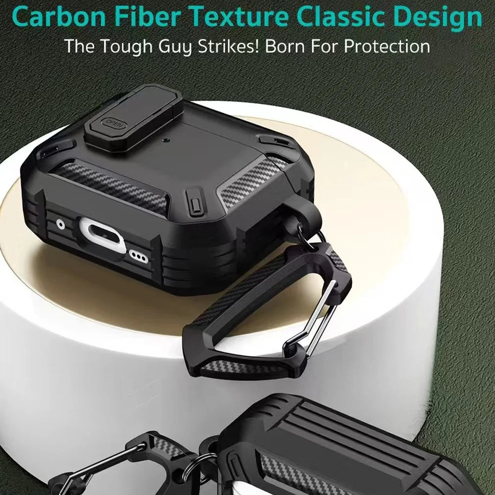 COTECI For AirPods 4 Earbud Case Carbon Fiber PC + TPU Earphone Cover with Carabiner - Black - 6