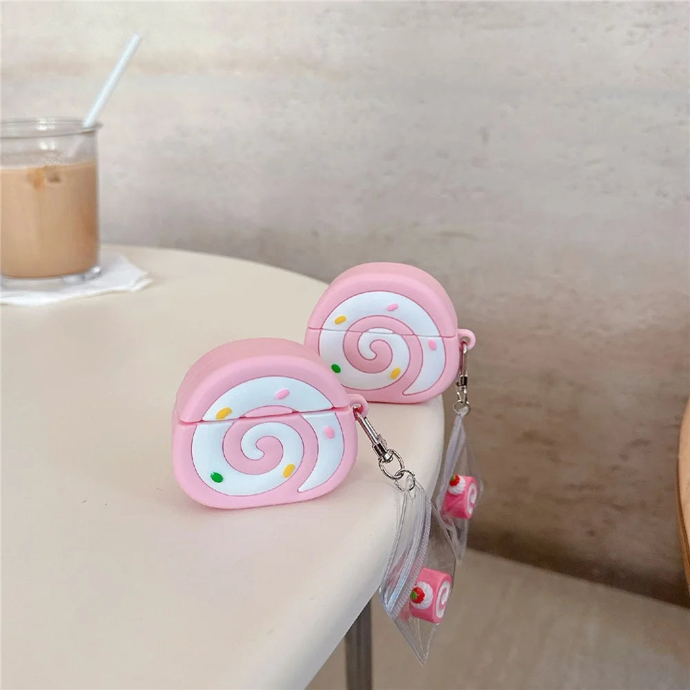 For Apple AirPods 4 Earphone Cover Pink Swiss Roll Shape PVC Protective Case with Pendant - 4