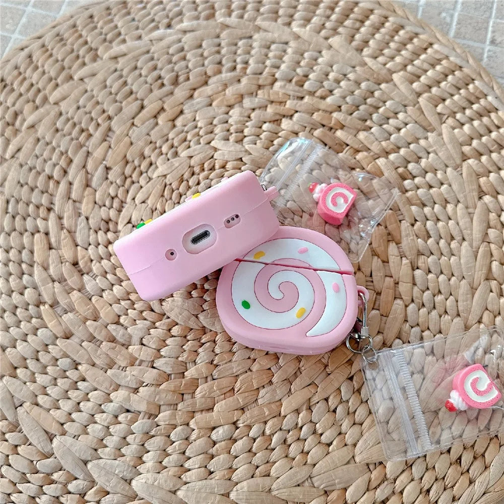 For Apple AirPods 4 Earphone Cover Pink Swiss Roll Shape PVC Protective Case with Pendant - 5