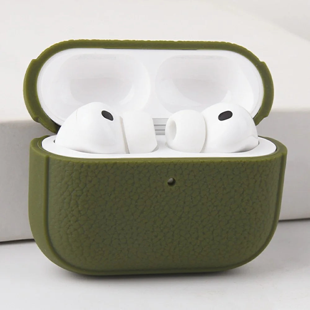 Bulk Purchasing For AirPods Pro 2 Case Faux Leather Textured TPU Earbuds Protective Cover with Strap Ring - Army Green - 2