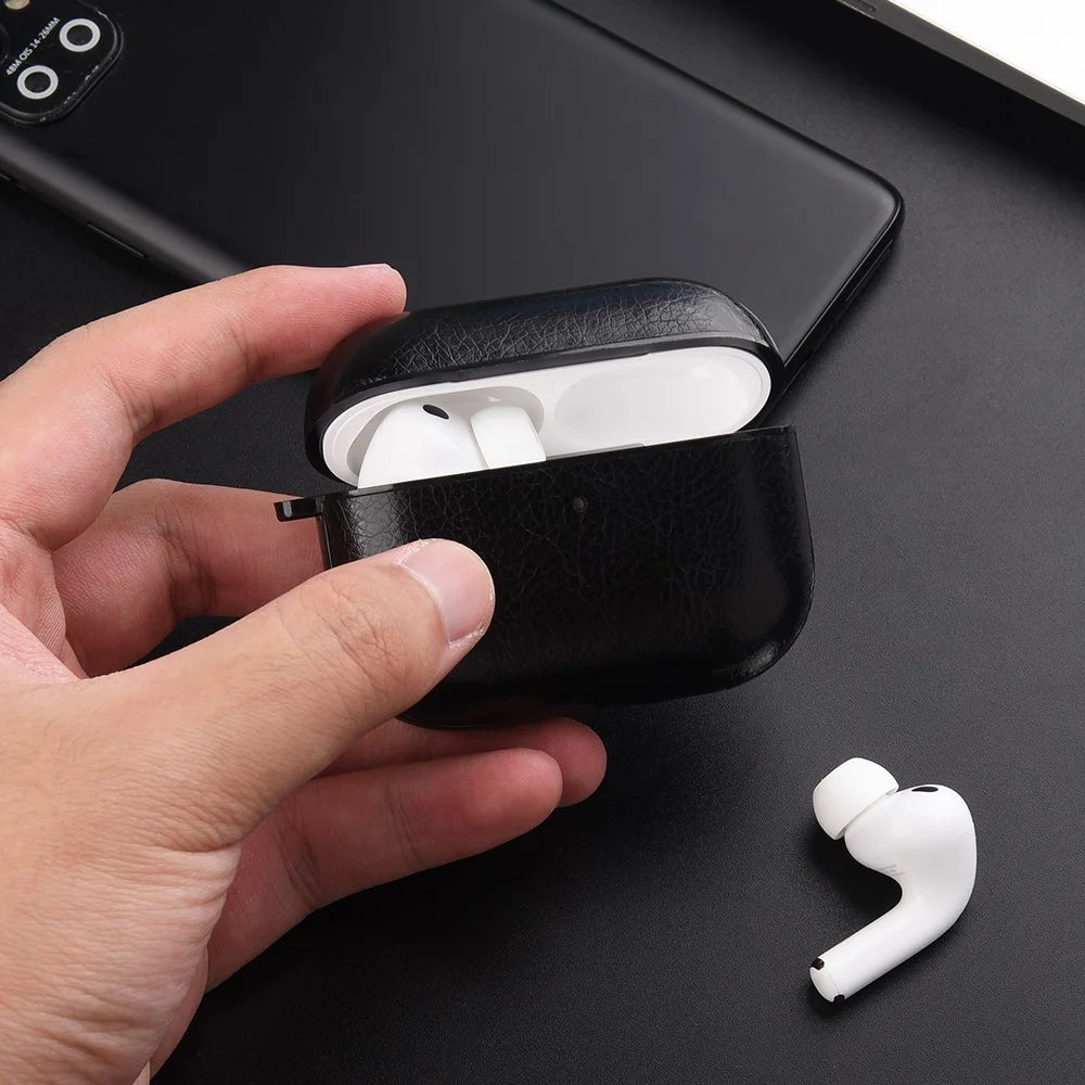 For AirPods Pro 3 Case Faux Leather Textured TPU Earbuds Protective Cover with Buckle - Black - 2