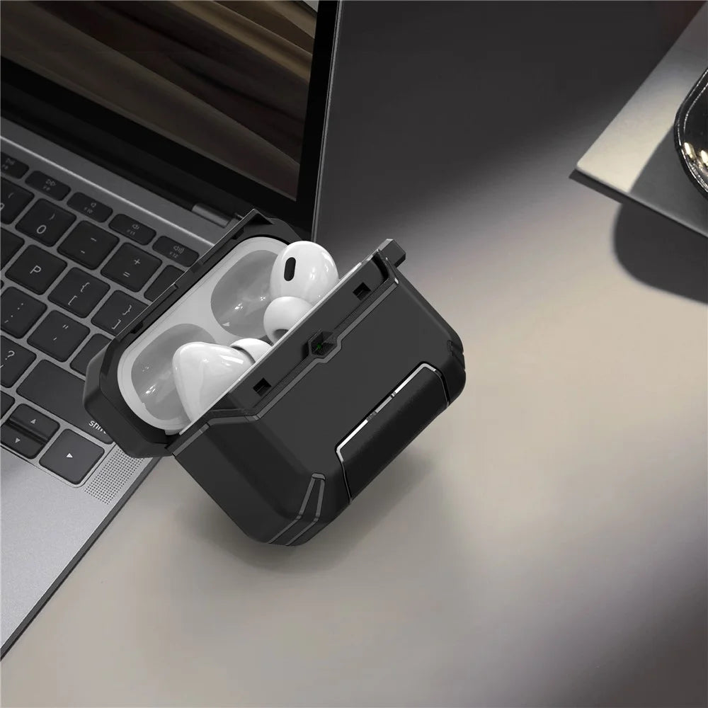 For AirPods Pro 3 Case Foldable Stand TPU PC Earbuds Cover with Carabiner - Black - 5