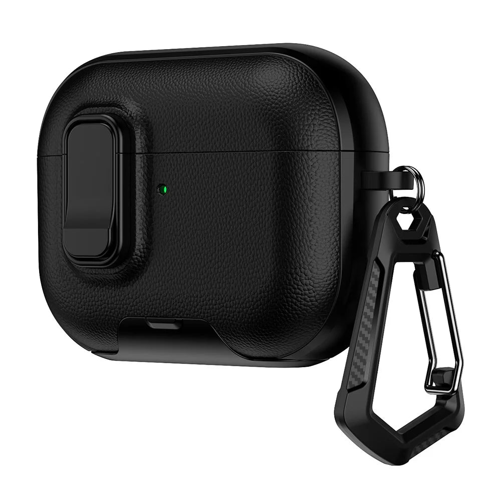 For Apple AirPods Pro Case with Stand Dual Color Texture TPU + PC Earphone Cover with Lock Buckle and Carabiner - Black - 1