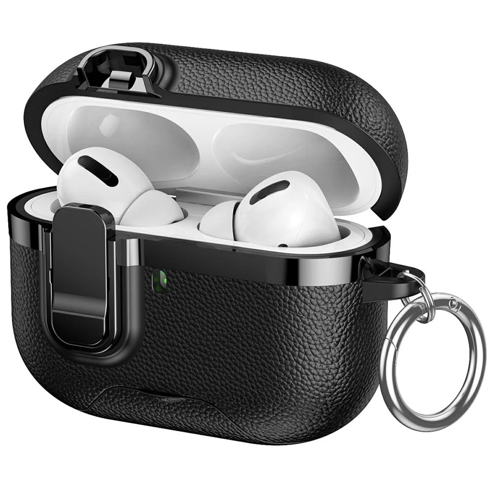 For AirPods Pro Case Foldable Stand Electroplated Litchi Texture TPU PC Earbuds Cover with Switch  /  Carabiner - Black - 2