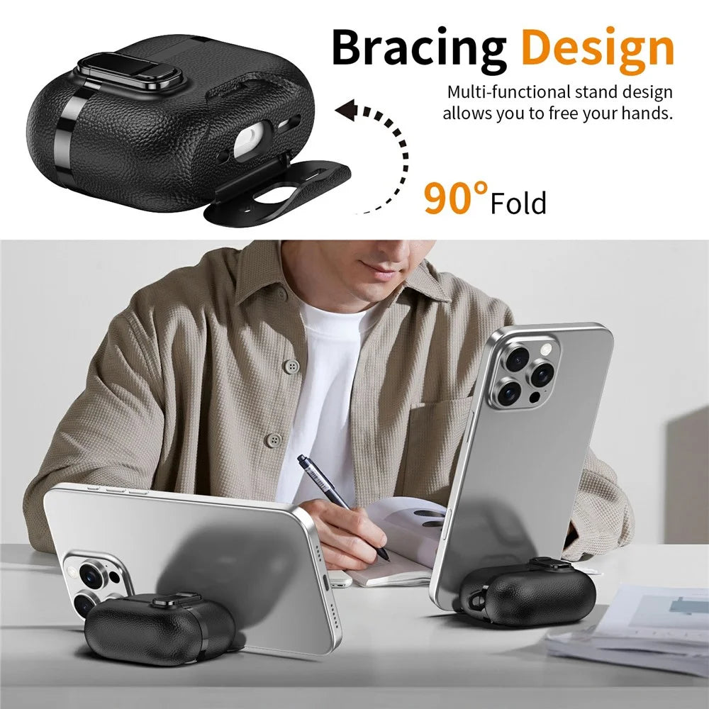 For AirPods Pro Case Foldable Stand Electroplated Litchi Texture TPU PC Earbuds Cover with Switch  /  Carabiner - Black - 4