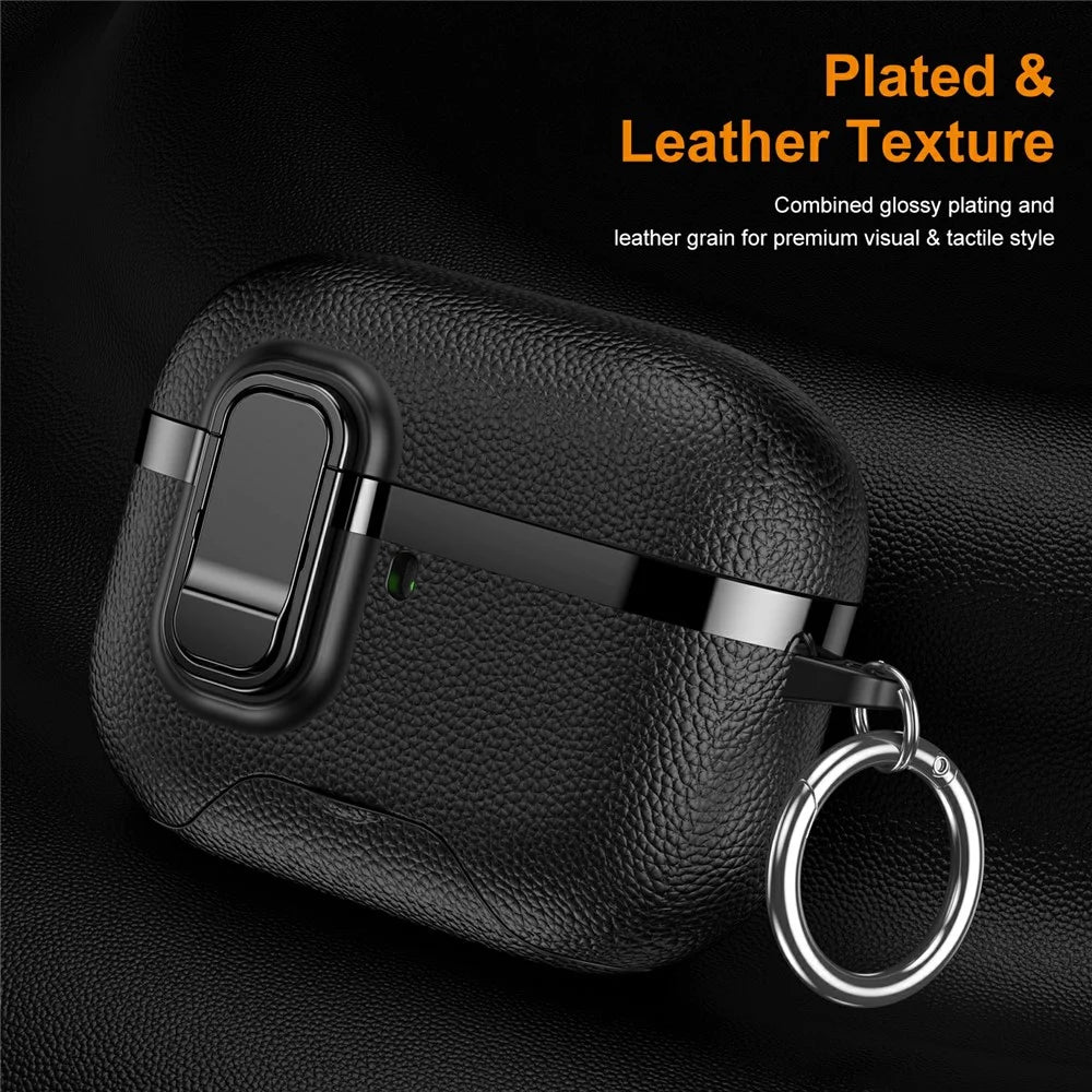 For AirPods Pro Case Foldable Stand Electroplated Litchi Texture TPU PC Earbuds Cover with Switch  /  Carabiner - Black - 6