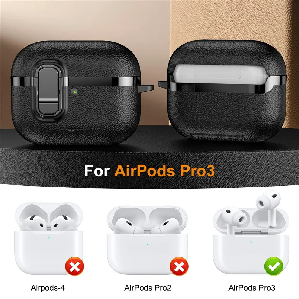 For AirPods Pro Case Foldable Stand Electroplated Litchi Texture TPU PC Earbuds Cover with Switch  /  Carabiner - Black - 7