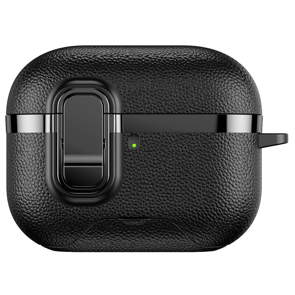 For AirPods Pro 3 Case Foldable Stand Electroplated Litchi Texture TPU PC Earbuds Cover with Switch  /  Carabiner - Black - 3