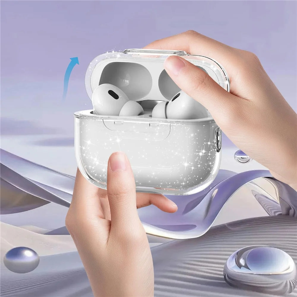 For Apple AirPods Pro Case Clear Gitter TPU PC Shockproof Earphone Cover with Lock Button - Glitter Transparent - 3