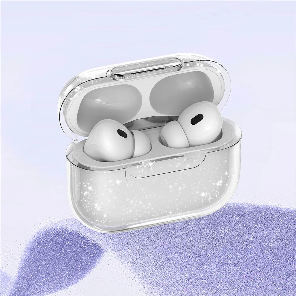 For AirPods Pro 2 Case Clear Gitter TPU PC Shockproof Earphone Cover with Lock Button - Glitter Transparent - 4