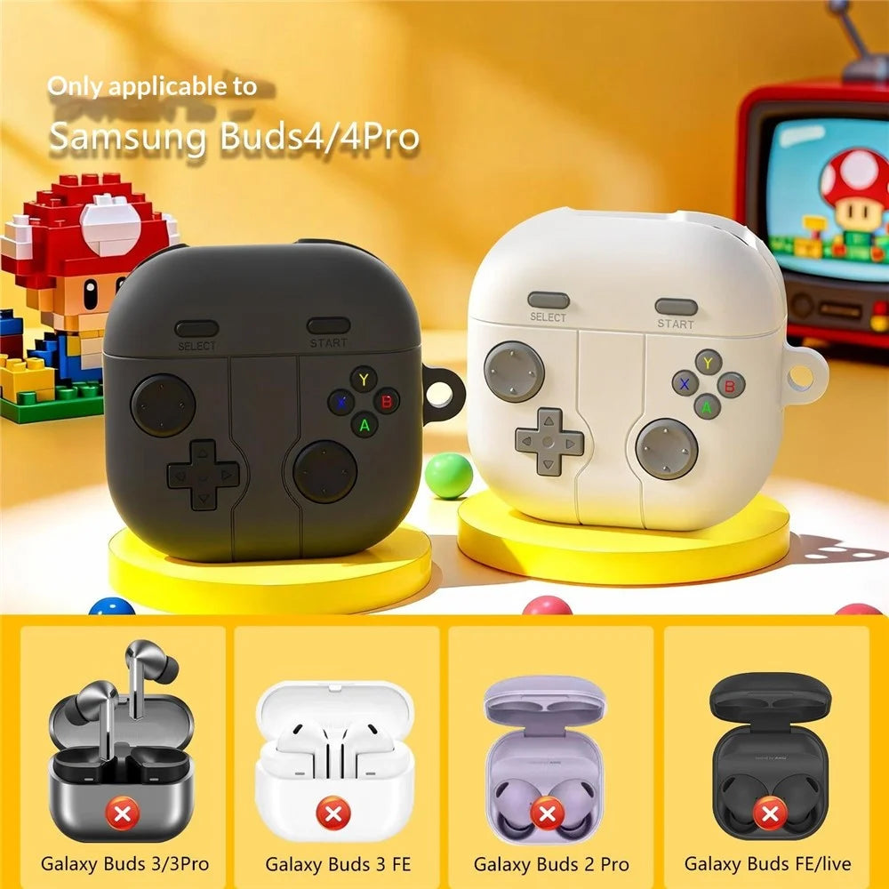 For Samsung Galaxy Buds4 / Buds4 Pro Silicone Case Retro Gamepad Style Earphone Protective Cover with Carabiner - Dark Grey - 7