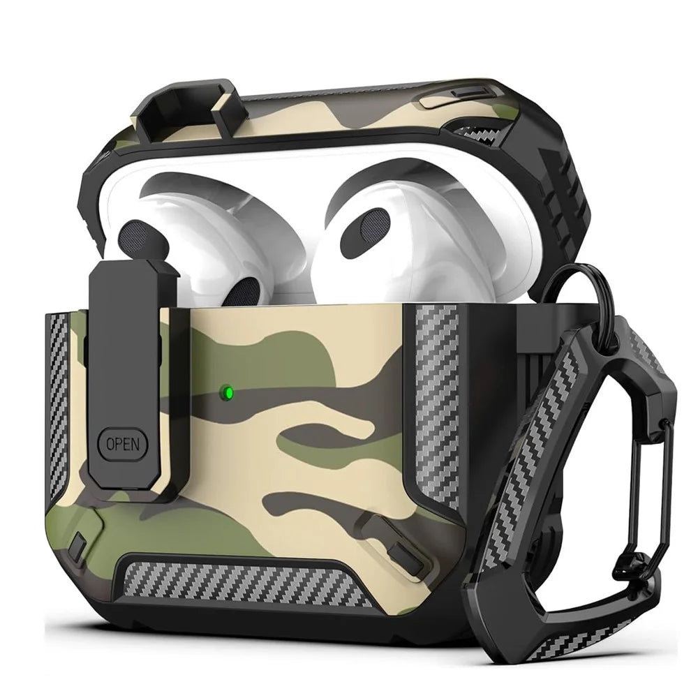 For Apple AirPods 4 Earphones Case Contrast Color Shockproof TPU Earbuds Cover with Carabiner - Camouflage Green - 1