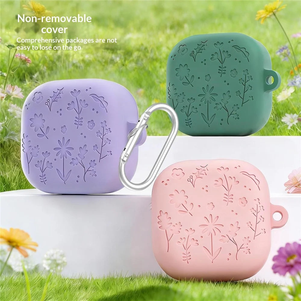 For Samsung Galaxy Buds4 / Buds4 Pro Silicone Case Floral Engraved Earphone Cover with Hanging Hook - Dark Grey - 2