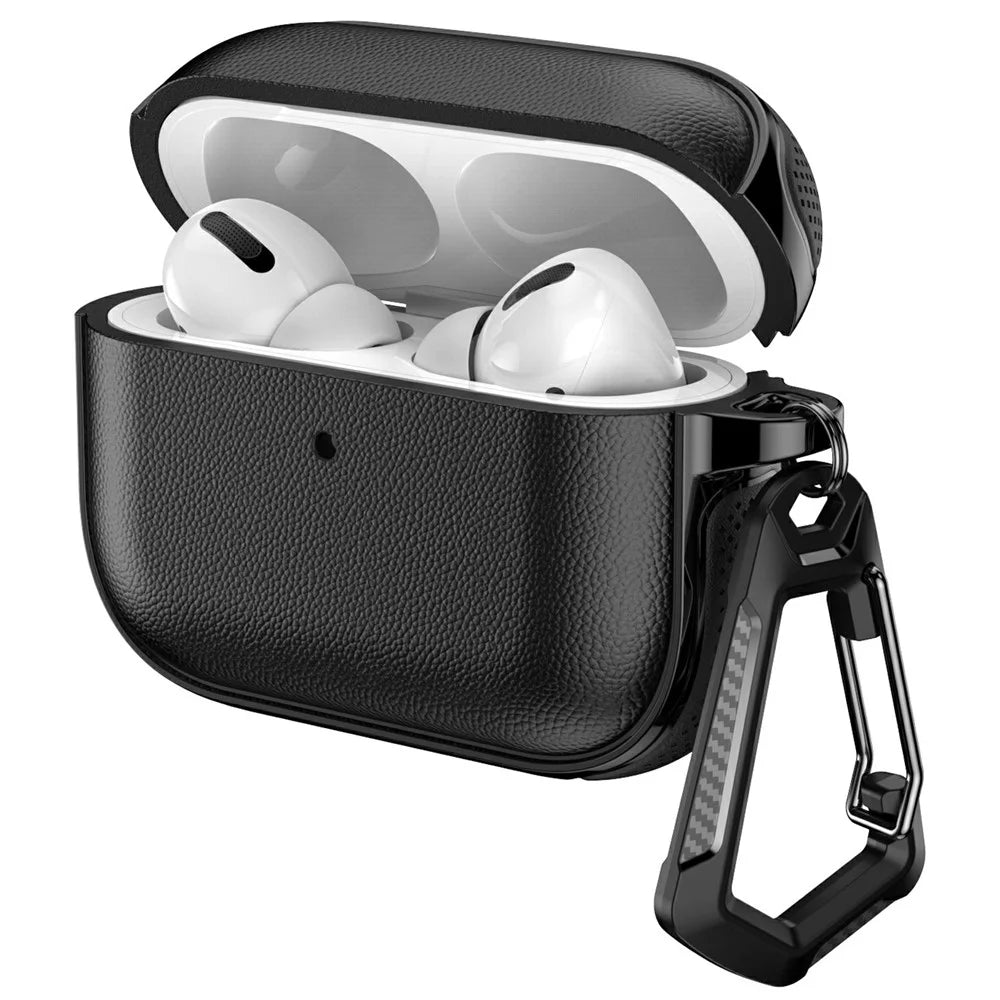 For AirPods Pro 2 / AirPods Pro Case Split Design Leather Texture TPU Earphone Cover with Metal Carabiner - Black - 1
