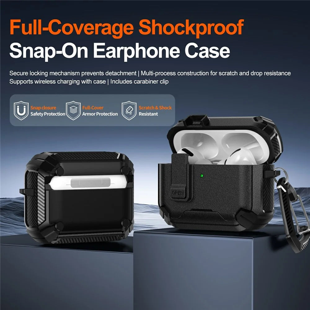 For AirPods 4 Earphone Case Phone Stand TPU + PC Shockproof Cover with Carabiner - Black - 3