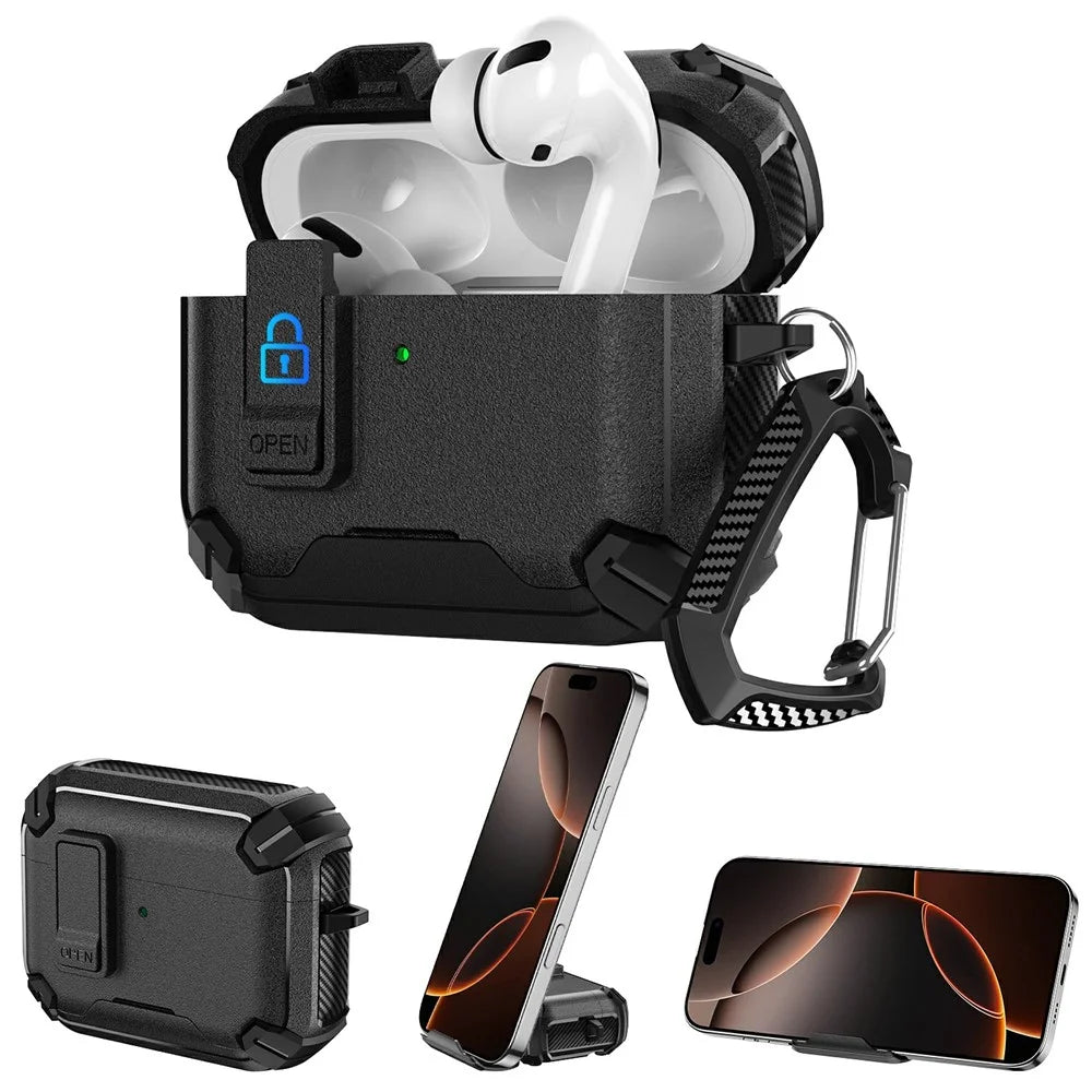 For AirPods Pro 3 Earphone Case Phone Stand TPU + PC Shockproof Cover with Carabiner - Black - 1