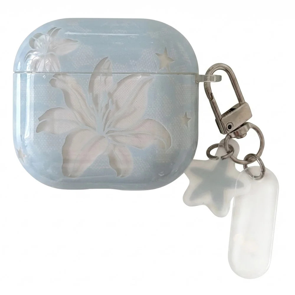 Case for AirPods 4 Lily Flower Pattern TPU Protective Cover with Keychain Charm & Buckle Clip - 1
