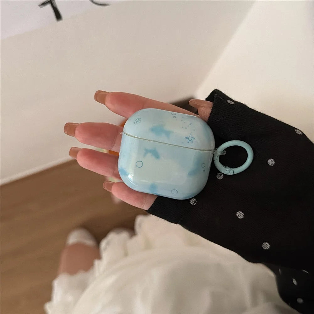 For AirPods 4 IMD+TPU Case Blurred Blue Fish Pattern Protective Cover with Metal Buckle Carabiner - 2