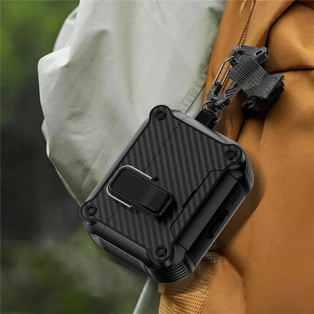 For AirPods Pro 2 Earphone Case Carbon Fiber Texture Phone Stand TPU + PC Magnetic Protective Cover with Carabiner - Black - 7