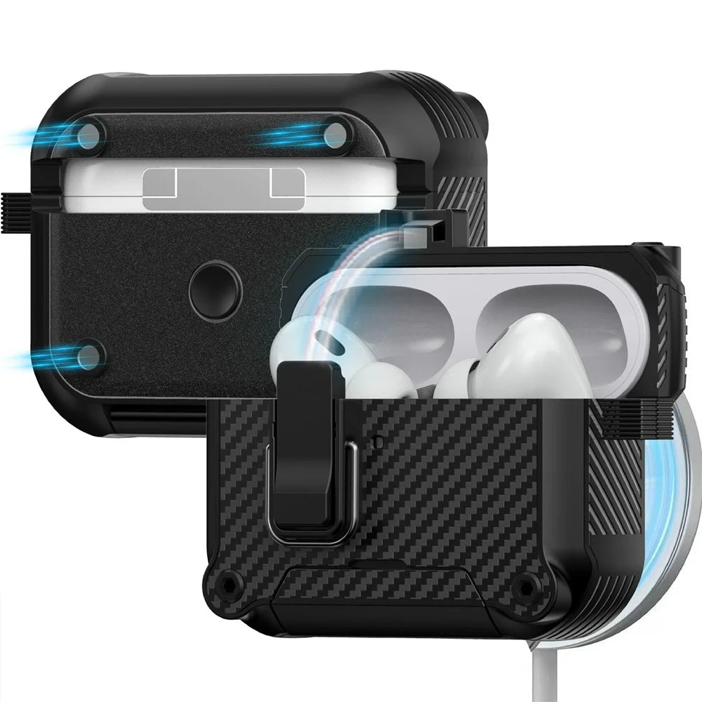 For AirPods Pro 3 Earphone Case Carbon Fiber Texture Phone Stand TPU + PC Magnetic Protective Cover with Carabiner - Black - 2