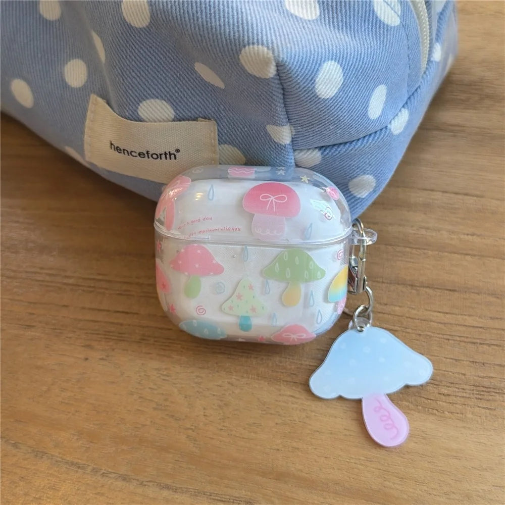 Case for Apple AirPods 4 IMD+TPU Colorful Mushroom Protective Cover with Keychain Charm & Buckle Clip - 4