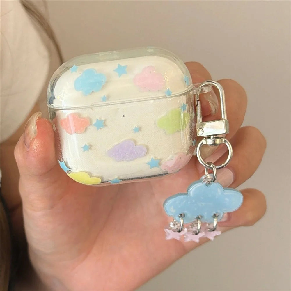 IMD+TPU Clear Case for AirPods 3 Cloud Star Pattern Protective Cover with Keychain Charm & Buckle Clip - 1