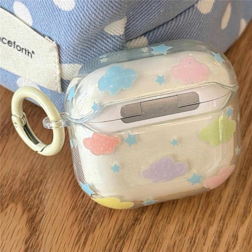 IMD+TPU Clear Case for AirPods 3 Cloud Star Pattern Protective Cover with Keychain Charm & Buckle Clip - 2