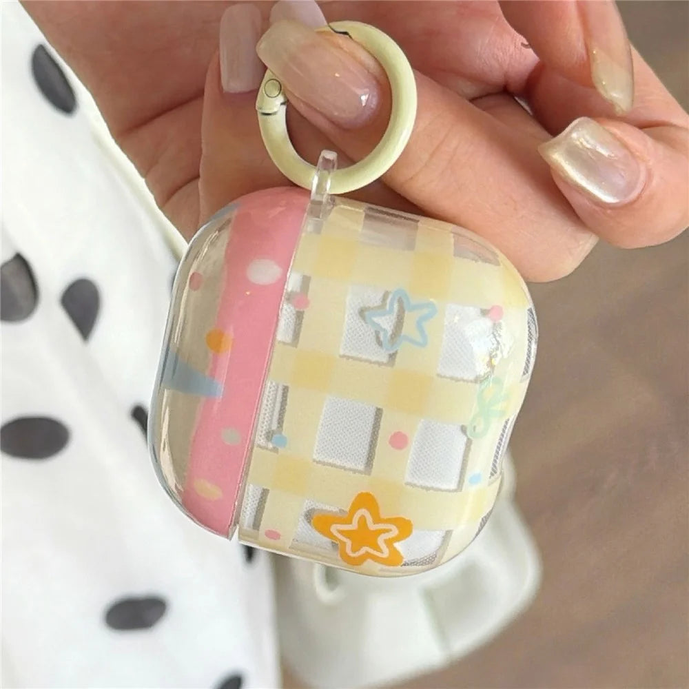 For AirPods Pro 3 Case Yellow Grid Stars Pattern TPU Protective Cover with Pendant Buckle - 5