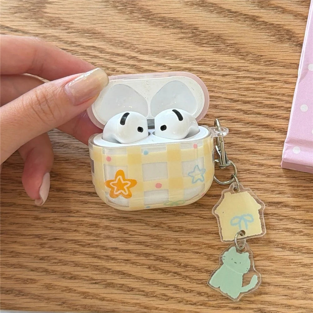 For AirPods Pro 3 Case Yellow Grid Stars Pattern TPU Protective Cover with Pendant Buckle - 6