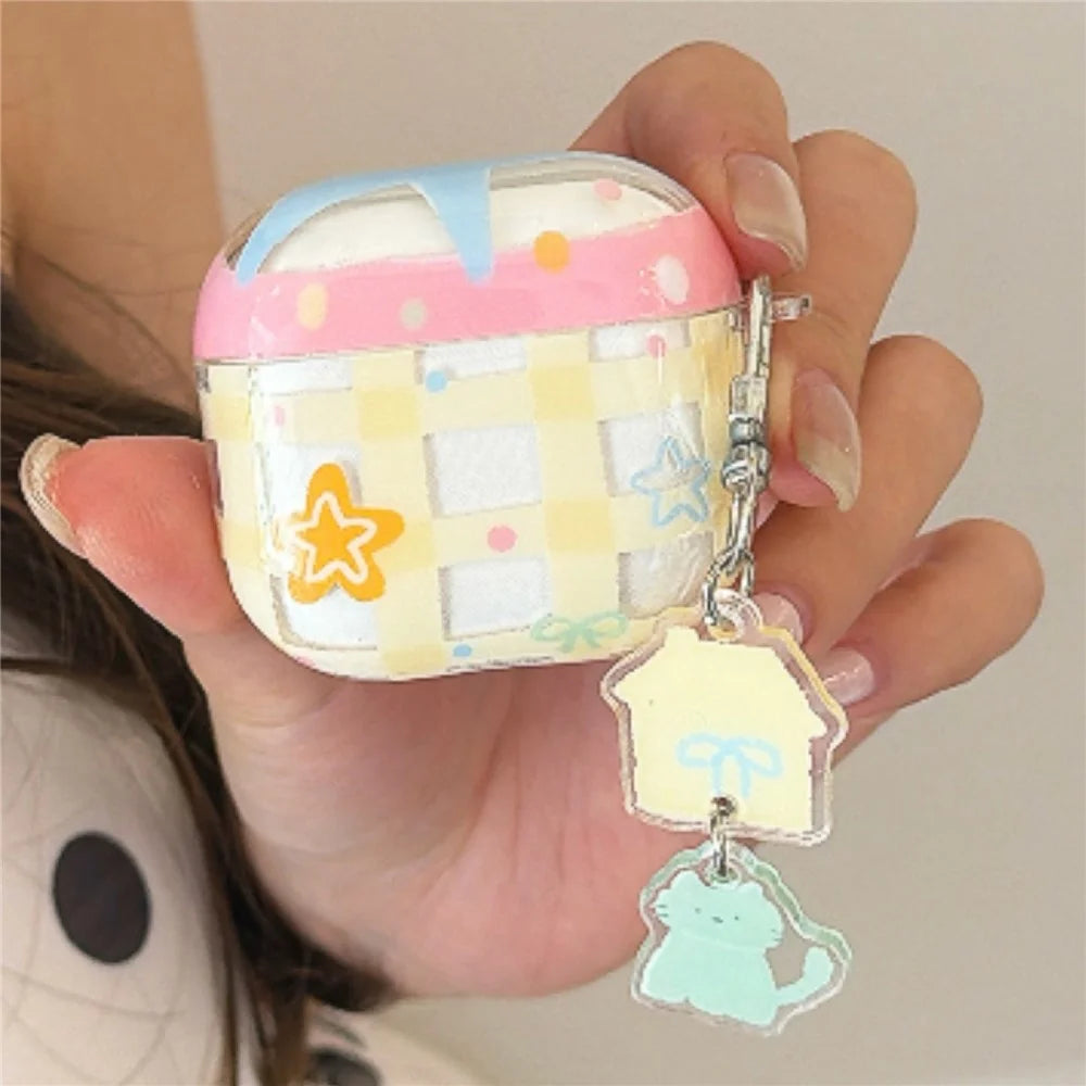 For AirPods 3 Case Yellow Grid Stars Pattern TPU Protective Cover with Pendant Buckle - 1
