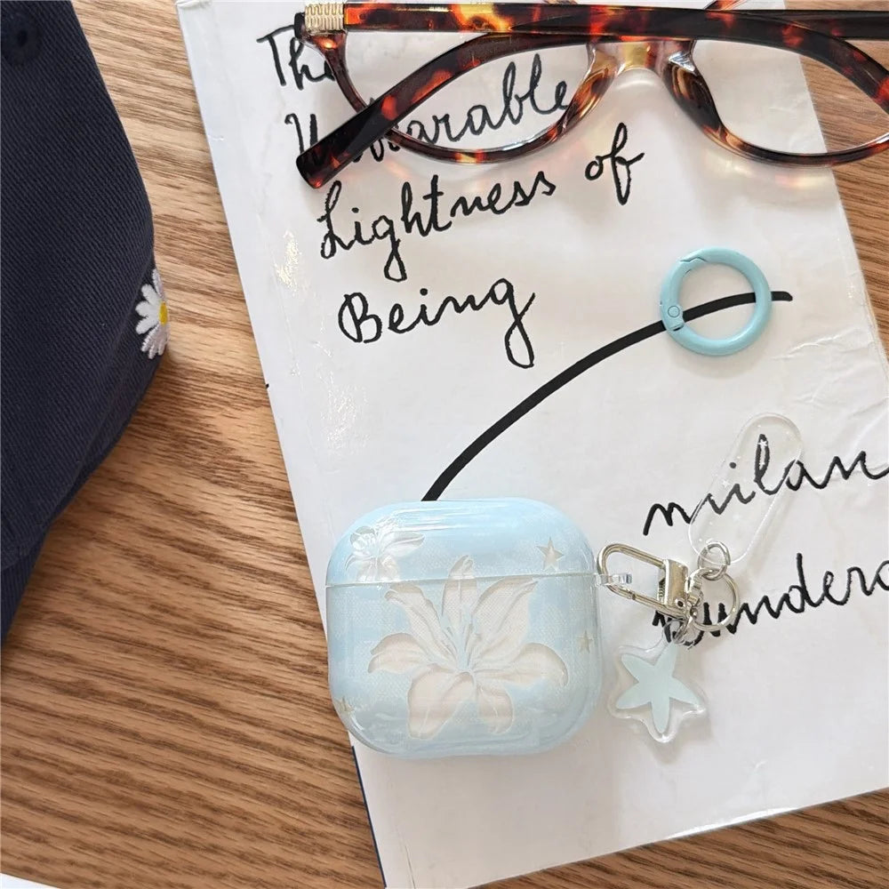 Case for AirPods Pro  /  Pro 2 Lily Floral Pattern TPU Protective Cover with Carabiner Clip and Star Charm - 2