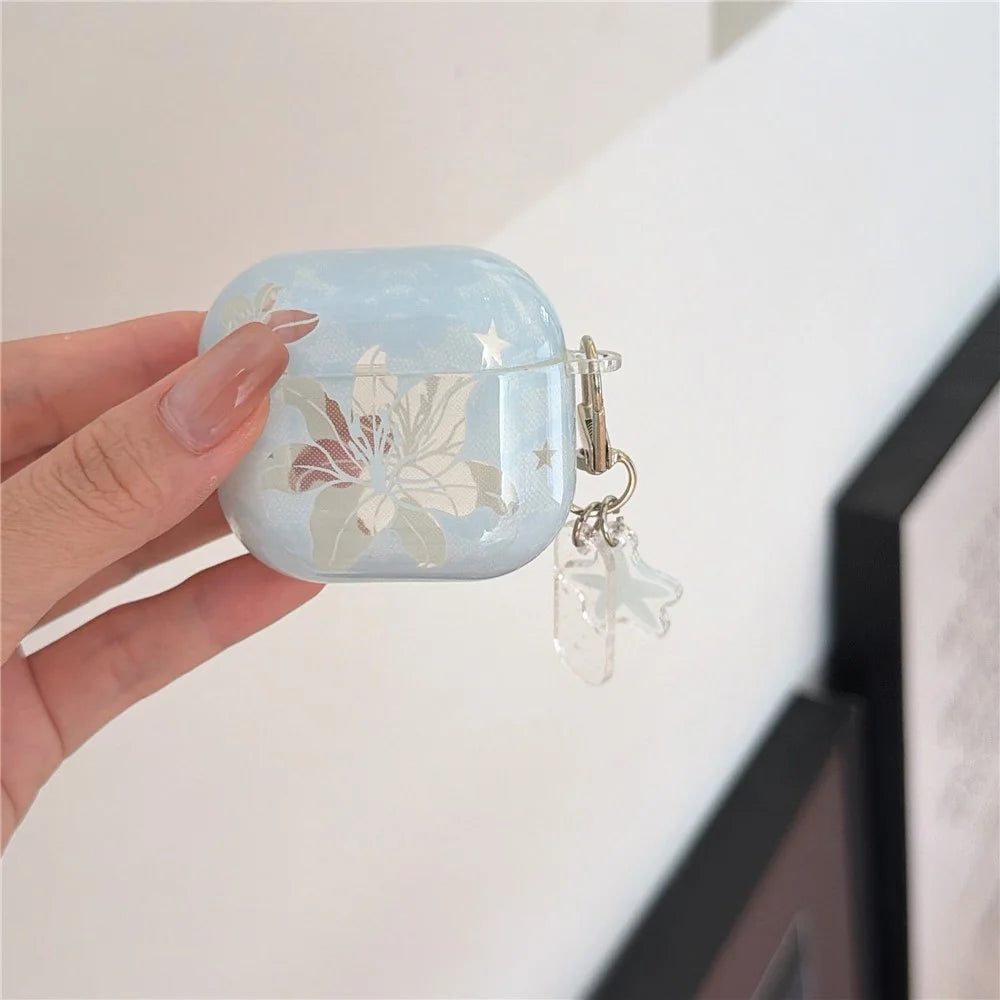 Case for AirPods Pro  /  Pro 2 Lily Floral Pattern TPU Protective Cover with Carabiner Clip and Star Charm - 3