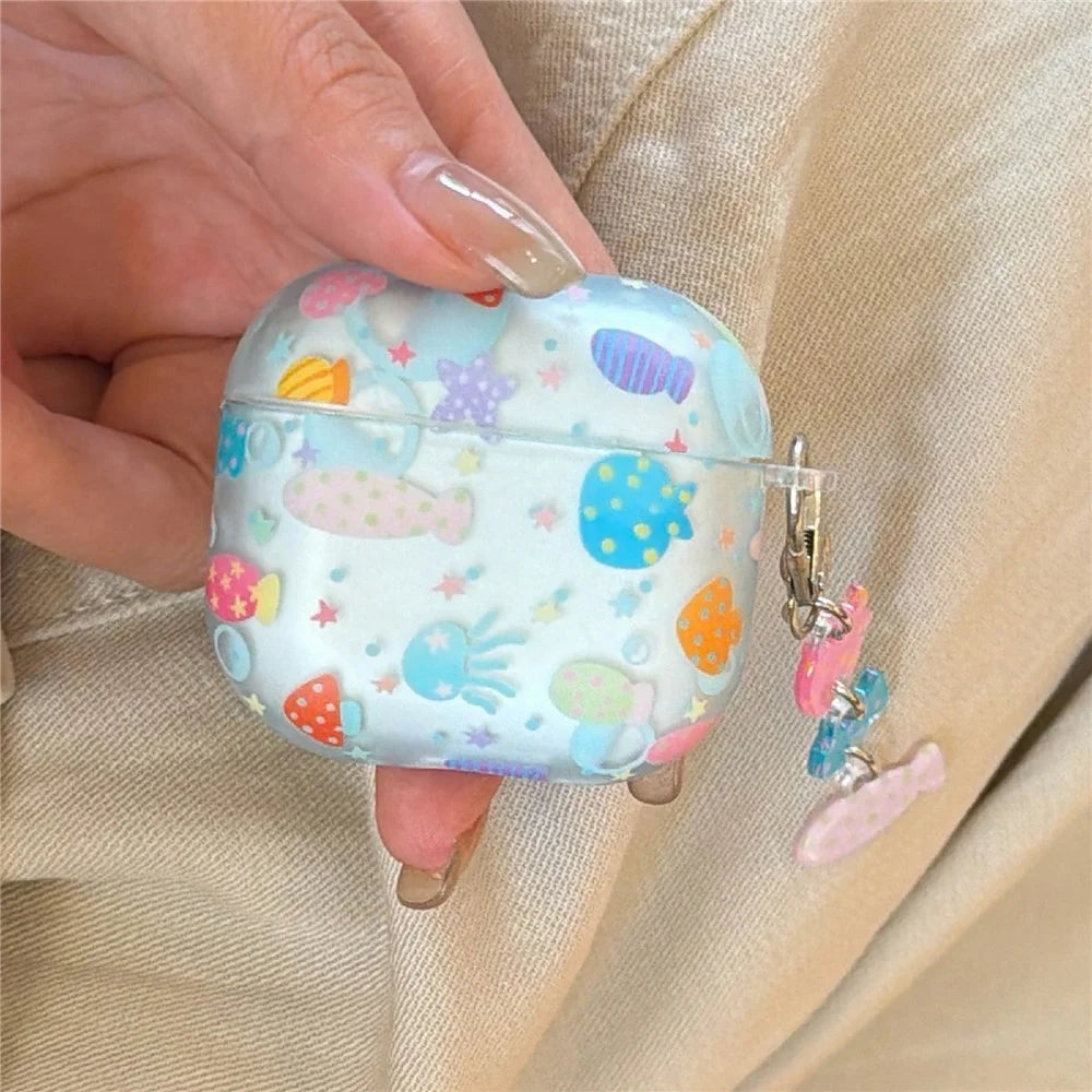 Case for AirPods 3 Frosted Underwater World Protective Cover TPU Soft Durable Shell with Fish-Shaped Charm & Buckle Clip - 3