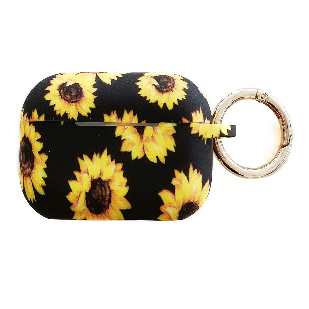 For AirPods Pro 2 / AirPods Pro Silicone Case Daisy Sunflower Pattern Earphone Protective Cover with Metal Buckle - Black - 1