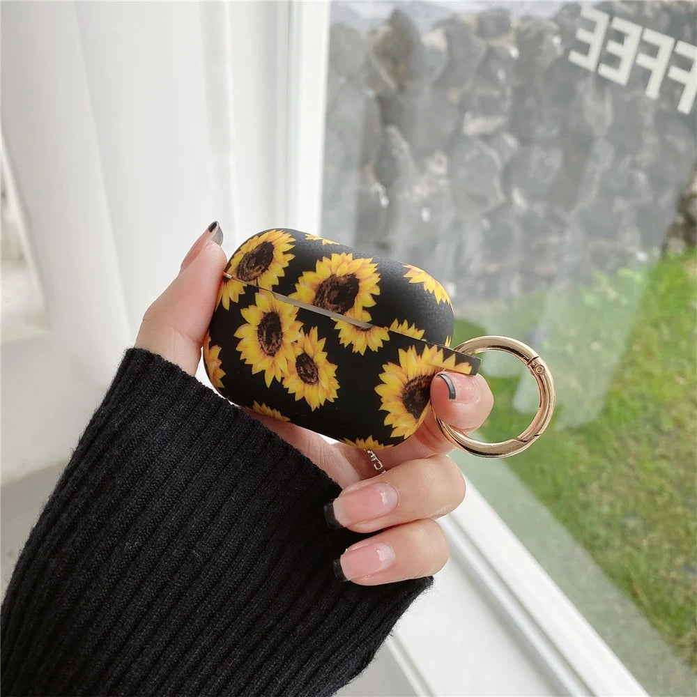 For AirPods Pro 2 / AirPods Pro Silicone Case Daisy Sunflower Pattern Earphone Protective Cover with Metal Buckle - Black - 2