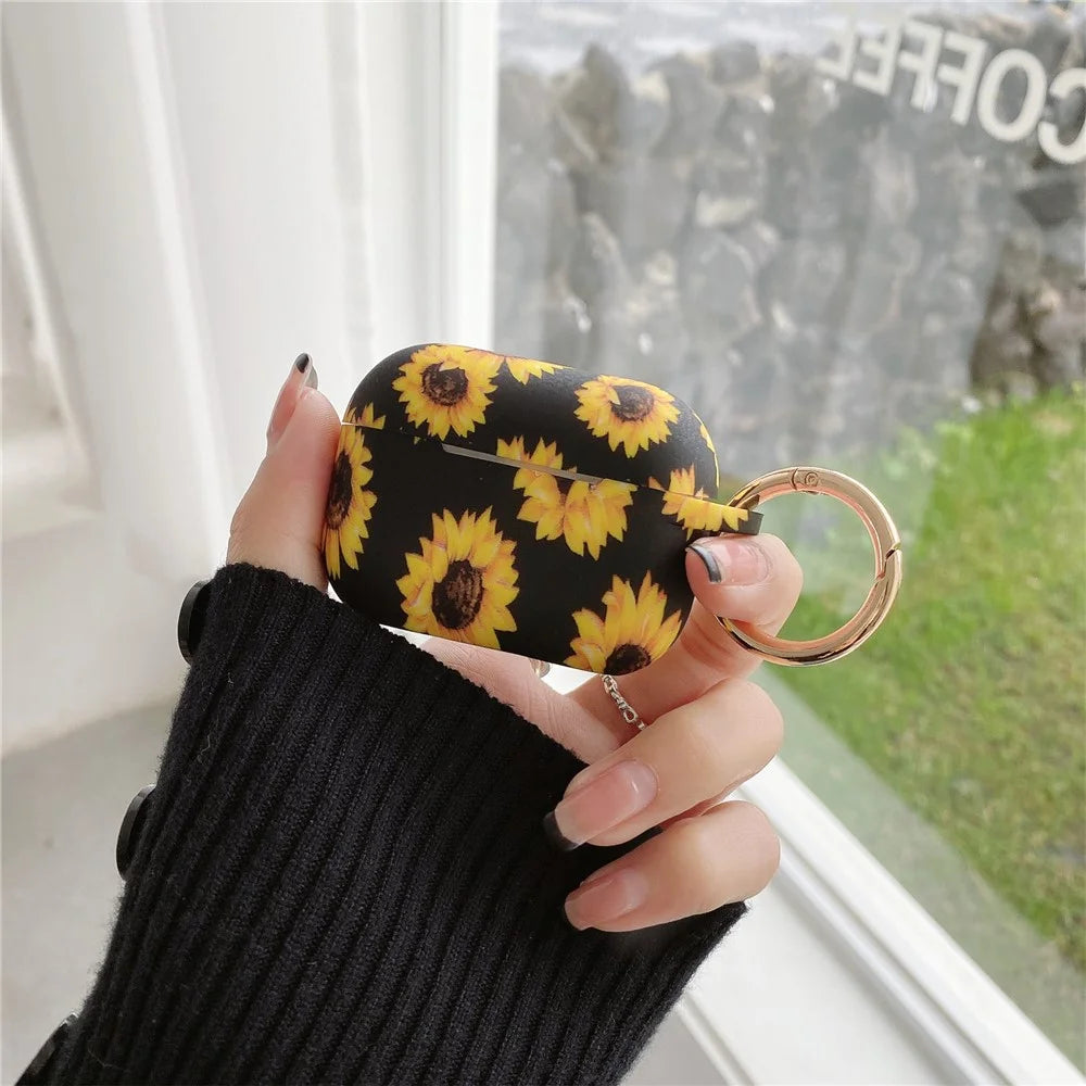 For AirPods Pro 2 / AirPods Pro Silicone Case Daisy Sunflower Pattern Earphone Protective Cover with Metal Buckle - Black - 3