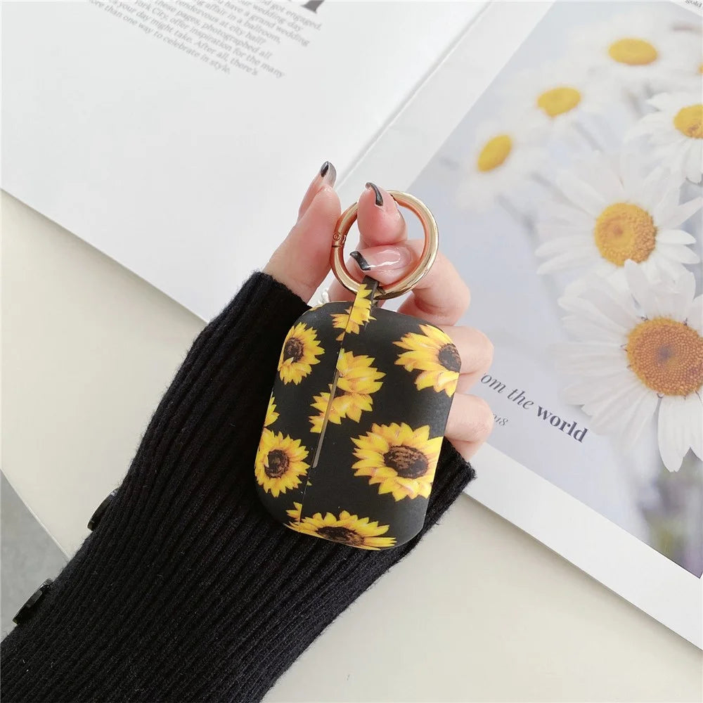 For AirPods Pro 2 / AirPods Pro Silicone Case Daisy Sunflower Pattern Earphone Protective Cover with Metal Buckle - Black - 4