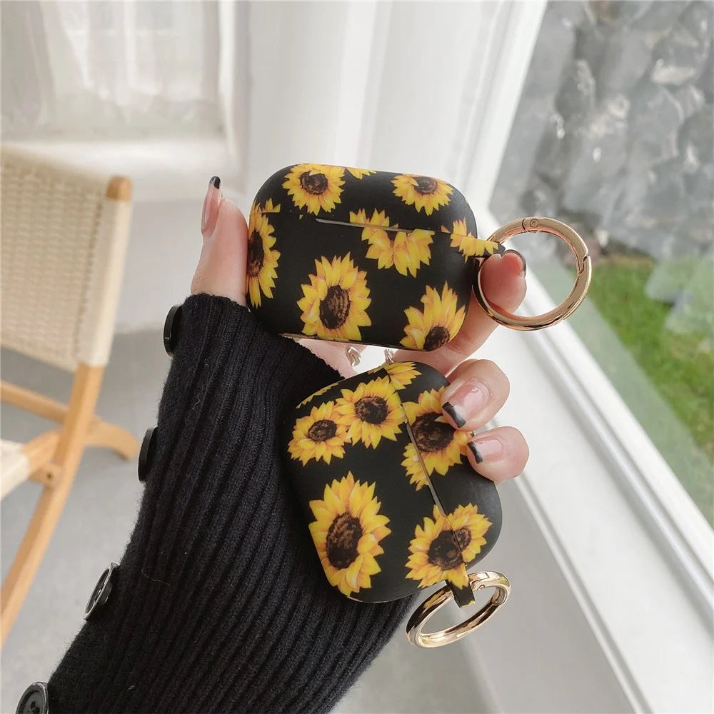 For AirPods Pro 2 / AirPods Pro Silicone Case Daisy Sunflower Pattern Earphone Protective Cover with Metal Buckle - Black - 5