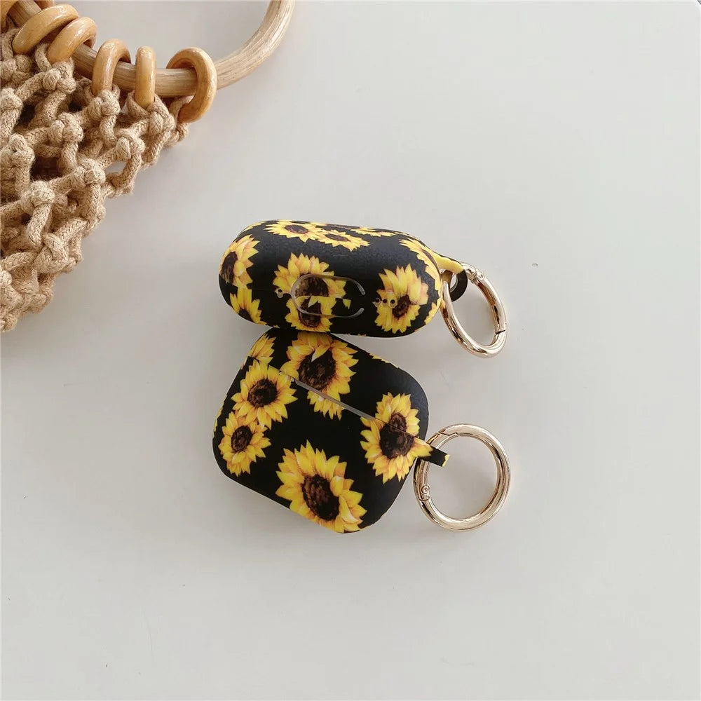 For AirPods Pro 2 / AirPods Pro Silicone Case Daisy Sunflower Pattern Earphone Protective Cover with Metal Buckle - Black - 6