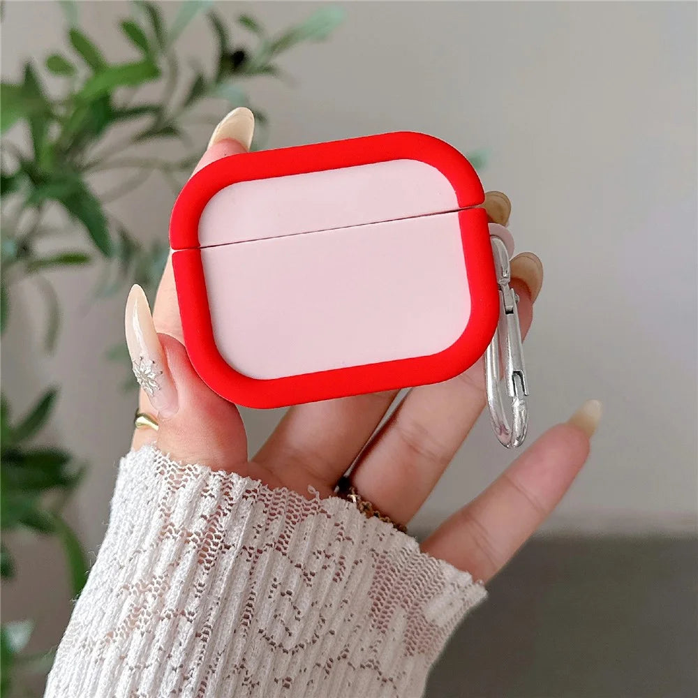 Silicone Case for Apple AirPods 4 Charging Case Macaron Color Blocking Protective Cover with Metal Carabiner - Pink+Red - 2