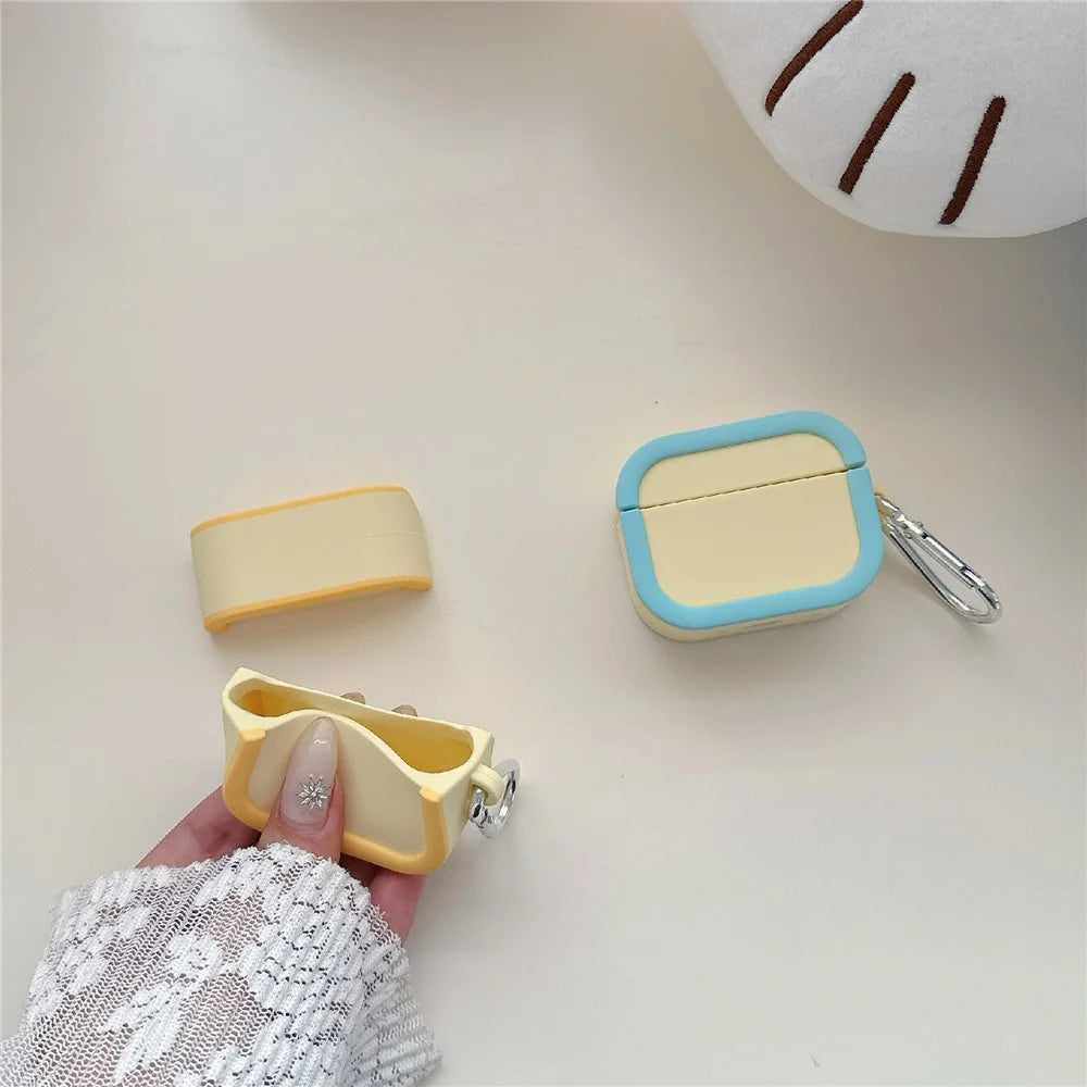 Silicone Case for Apple AirPods 4 Charging Case Macaron Color Blocking Protective Cover with Metal Carabiner - Pink+Red - 6