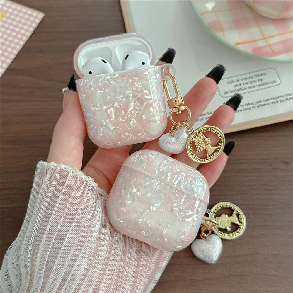 Protective Case for Apple AirPods with Wireless Charging Case (2019) / AirPods with Charging Case (2019) / (2016) , Pearlescent Shell Texture TPU Earphone Cover with Heart Pendant Charm - 2