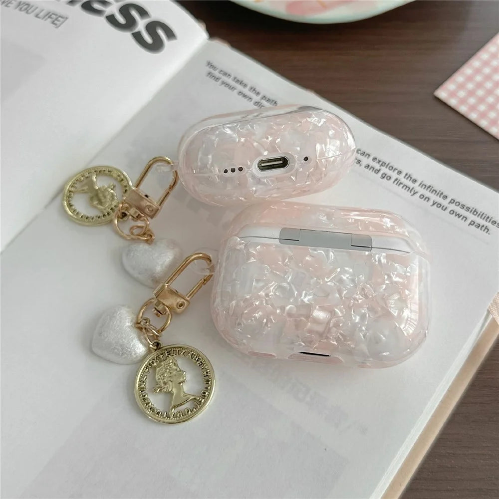 For AirPods Pro 3 Protective Case Pearlescent Shell Texture TPU Earphone Cover with Heart Pendant Charm - 2