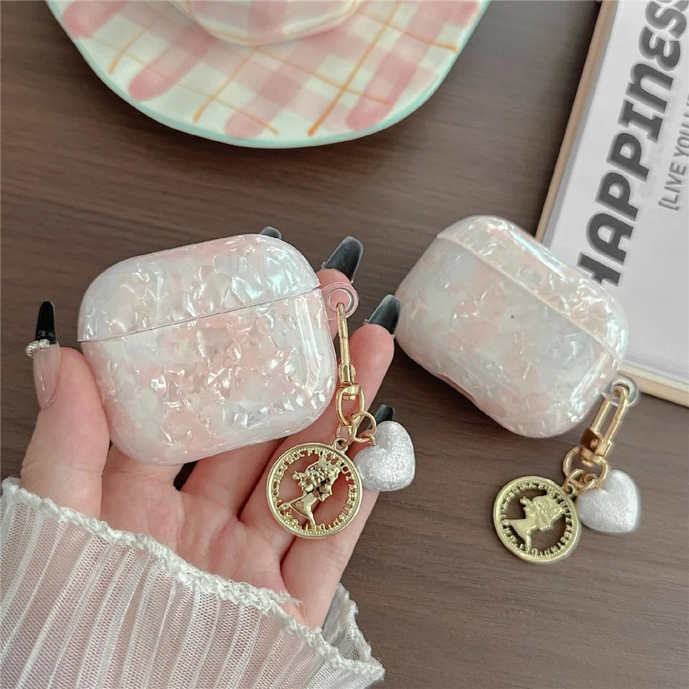 For AirPods Pro 3 Protective Case Pearlescent Shell Texture TPU Earphone Cover with Heart Pendant Charm - 3