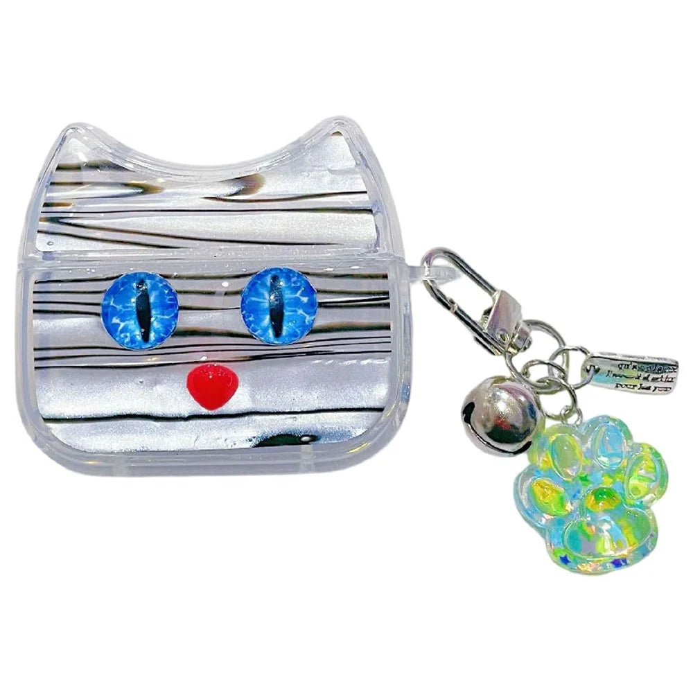 Protective Case For Apple AirPods with Wireless Charging Case (2019) / AirPods with Charging Case (2019) / (2016) , Blue Eye Cat Soft TPU Earphone Cover  with Pendant - White - 1