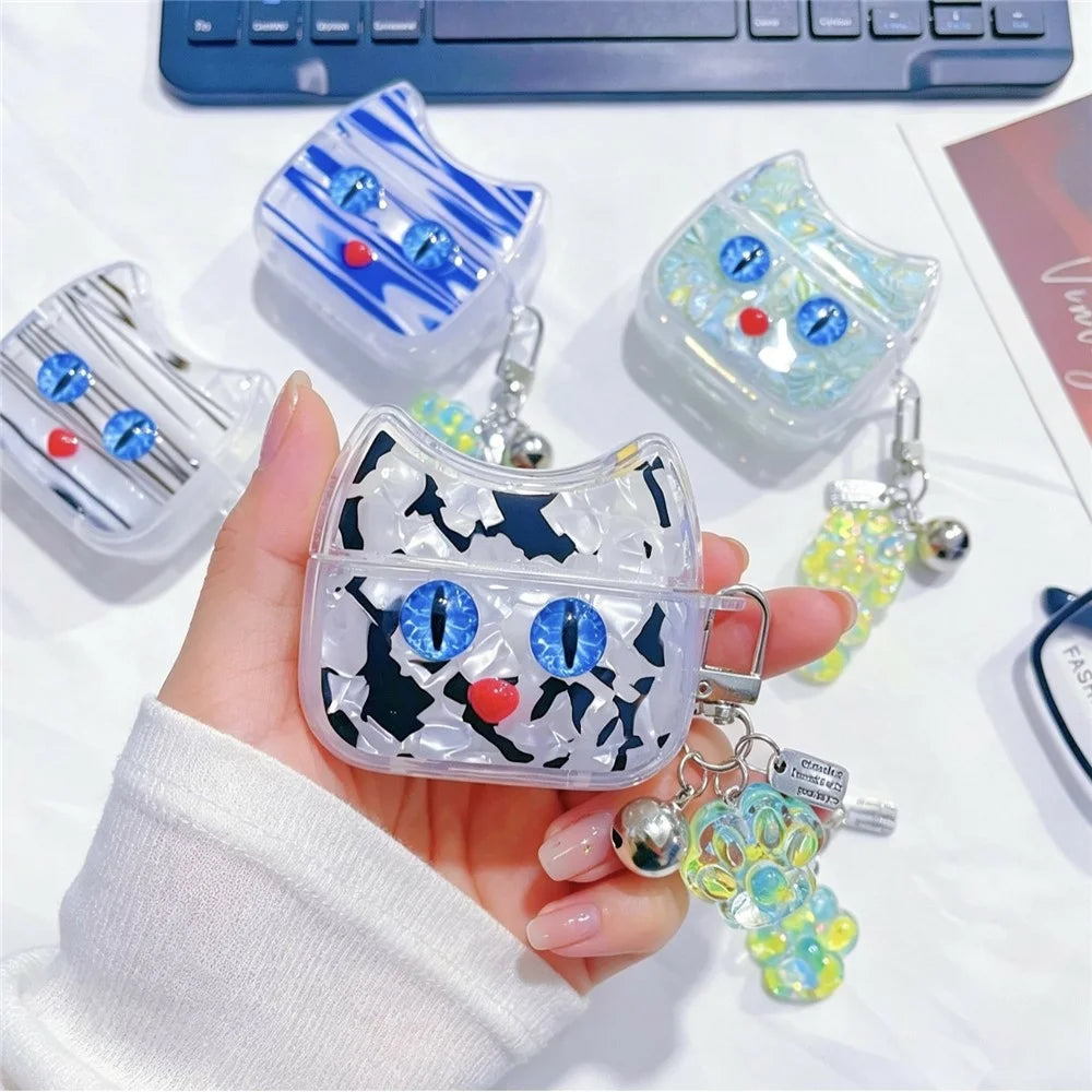 For AirPods 3 Protective Case Blue Eye Cat Soft TPU Earphone Cover with Pendant - White - 2