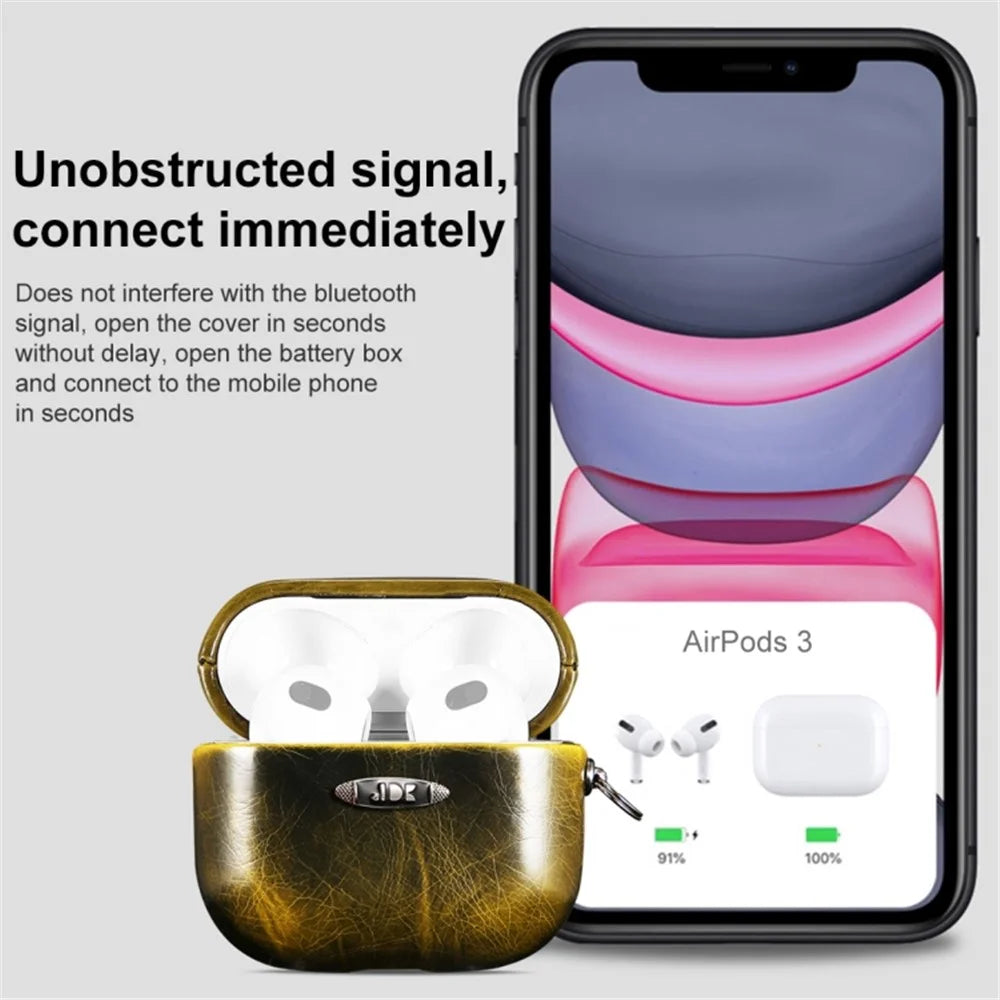 For Apple AirPods Pro Earphone Protective Case Waxy PU Leather Earbuds Charging Box Anti-scratch Cover with Hanging Buckle - Yellow - 4