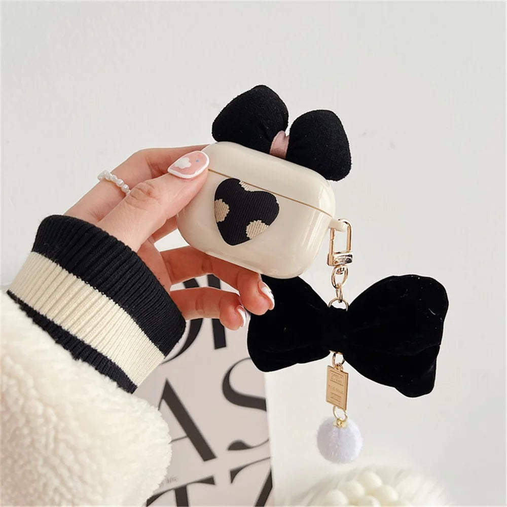 For Apple AirPods 3 Lovely Bow Decor Heart Pattern Earphone Case TPU Protective Cover with Plush Big Bow Pendant - 5