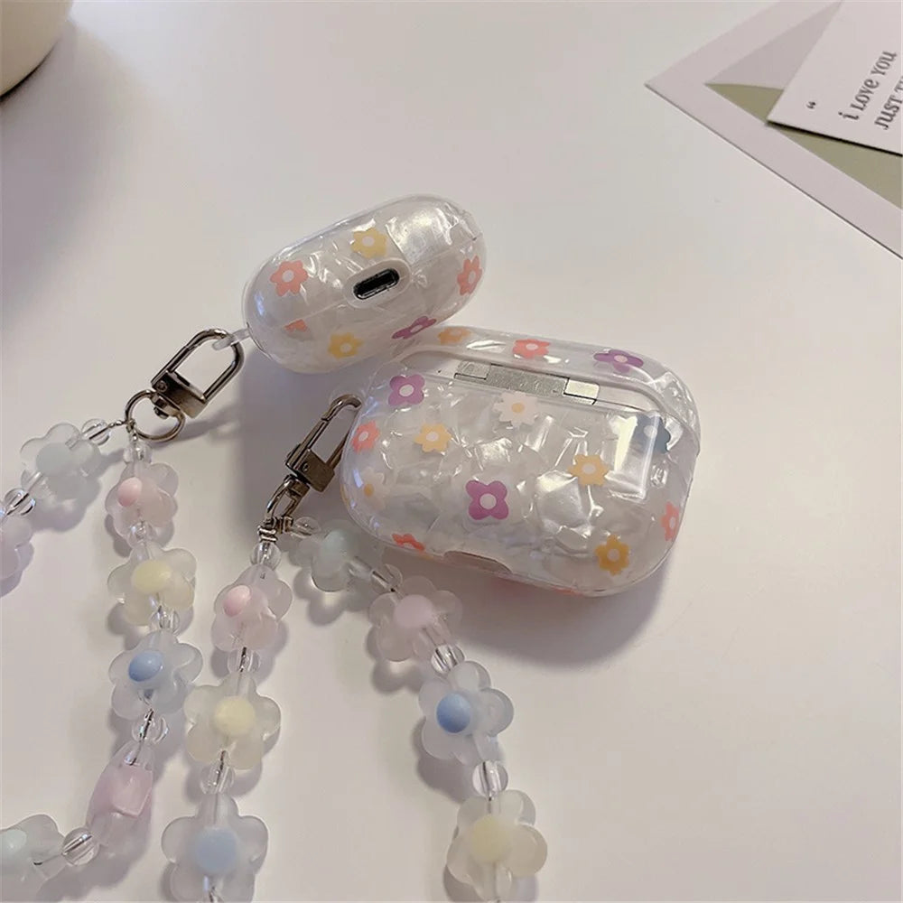 For Apple AirPods with Charging Case (2016)/(2019)/AirPods with Wireless Charging Case (2019) Flower Pattern Anti-fall TPU Bluetooth-compatible Earphone Protective Case with Flower Hand Strap - 2