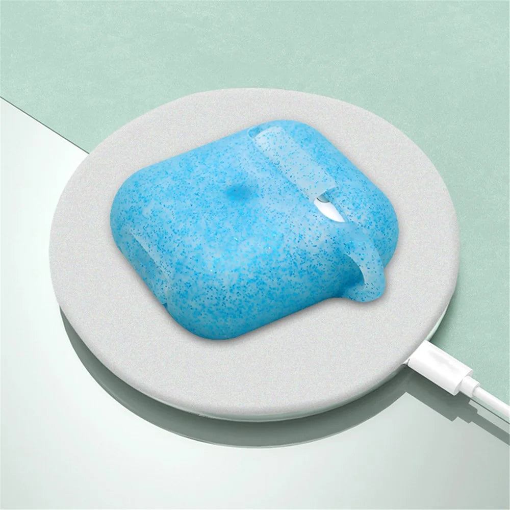 For Apple AirPods with Charging Case (2016)/(2019)/AirPods with Wireless Charging Case (2019) Earphone Glittery Silicone Case Earbuds Protective Shell with Hanging Buckle - Sapphire - 3